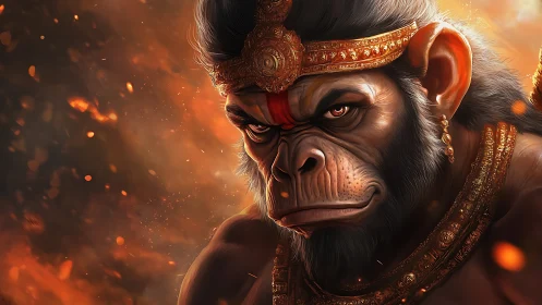 Divine warrior monkey god portrait amid burning embers.