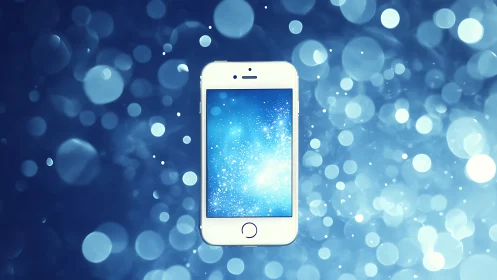 Glowing smartphone floats through a dreamy digital bokeh sea