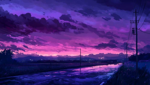 Twilight countryside road under vivid purple sunset sky.