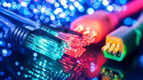Luminous data cables under bokeh lights in vivid macro view.