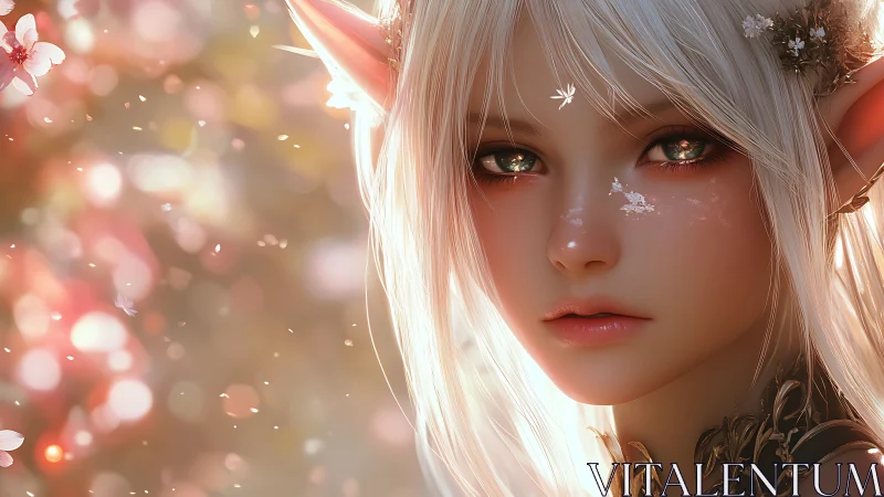 Gentle blossom elf in a dreamy golden forest glow.