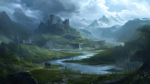 Medieval fortress complex overlooks valley river under clouds