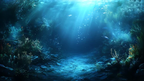 Sunlit currents whisper over a dream-bright coral valley