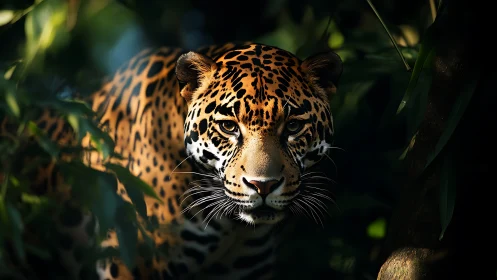 Jaguar in dappled rainforest light with high-contrast focus.