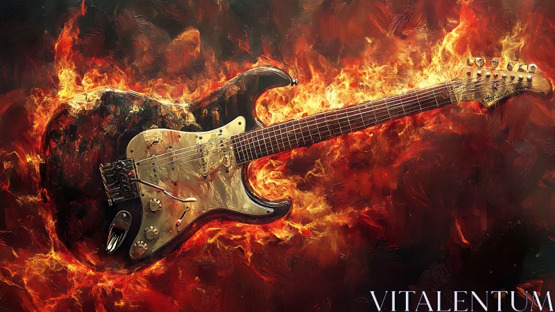 Electric guitar on blazing flames in dramatic artwork.