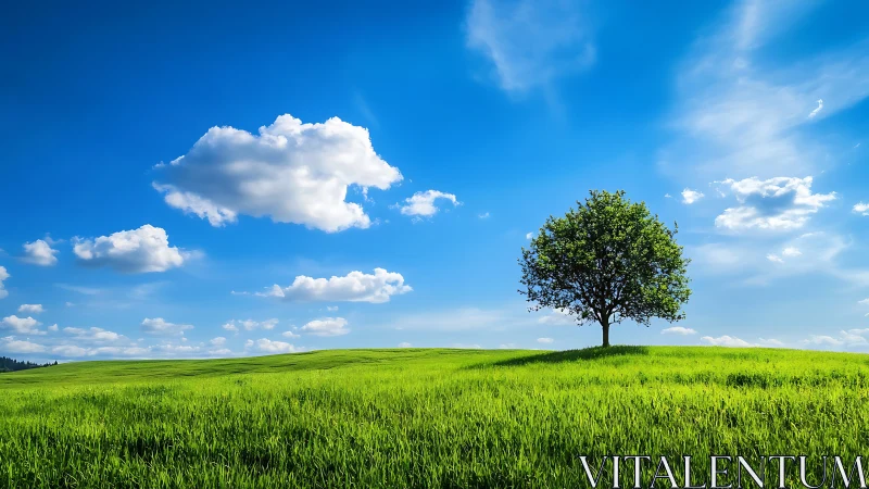 Solitary deciduous tree on green meadow under clear sky.