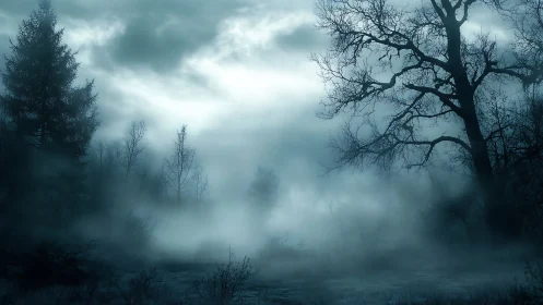 Moonlit fog braids through a haunted winter forest hush