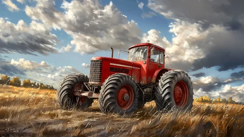 Bold red tractor rests proudly beneath a wide country sky