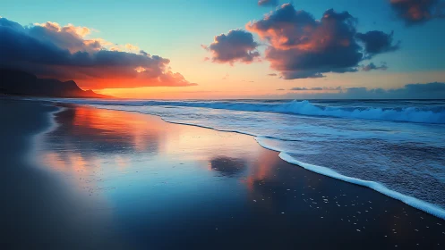 Coastal shoreline with reflective wet sand at sunset time.