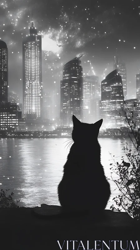 Silhouetted Feline Vigil: Urban Nocturne Over Metropolitan Waterfront.