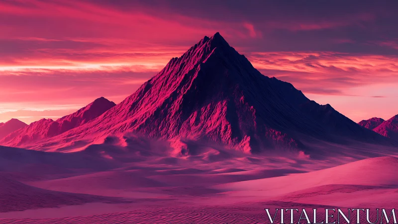 Crimson dune valley beneath jagged alien mountain peak.