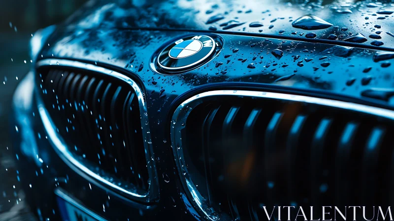 Close-up luxury car grille with rain-soaked emblem detail.