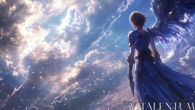 Winged guardian gazing into a radiant, storm-swept sky.