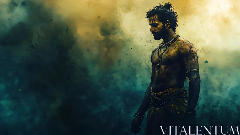 Thoughtful warrior stands in swirling golden blue mist.