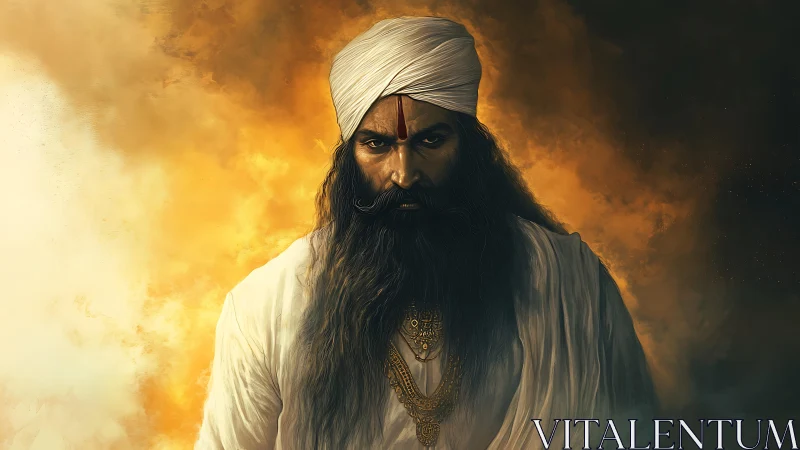 Bearded man in white turban against dramatic smoky backdrop.