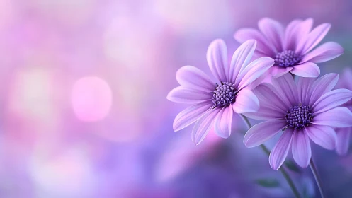 Purple Daisy Trio with Bokeh: Soft Focus Botanical Study.