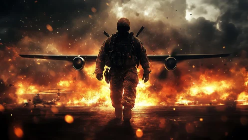 Lone soldier strides from burning runway in fiery chaos.