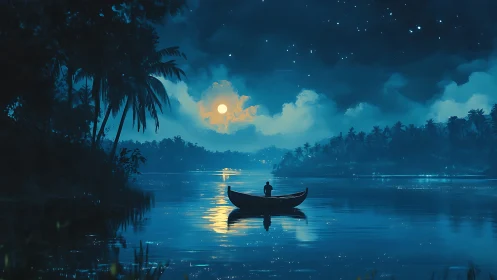 Person in small boat watches moon over tropical river