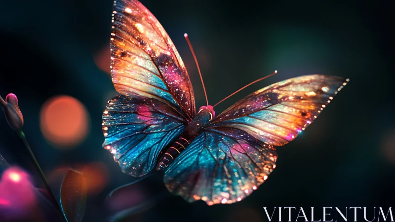 Iridescent butterfly with luminous wings at night.