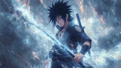 Stormforged anime swordsman cleaves lightning through night.