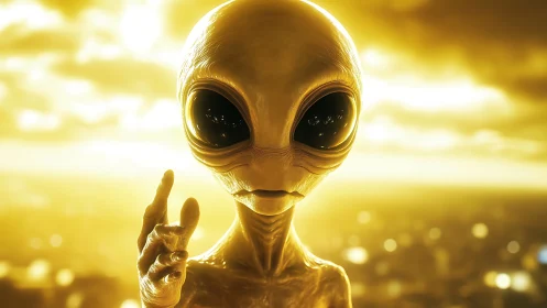 Golden alien reaches out in a warm, otherworldly glow