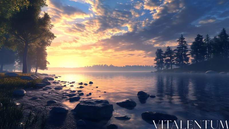 Sunrise light washes over a tranquil forest lakeshore