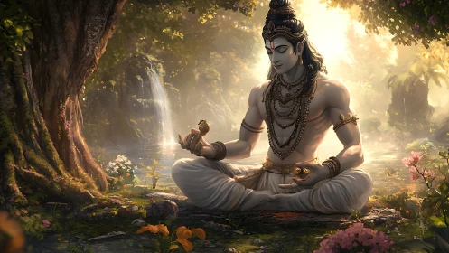 Forest stillness gathers around jeweled yogi in sunrise trance