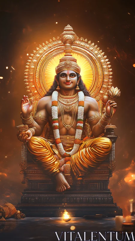 Seated golden deity sculpture with halo and ritual elements.