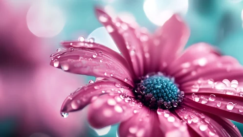 Pink daisy macro with water droplets in soft bokeh light.