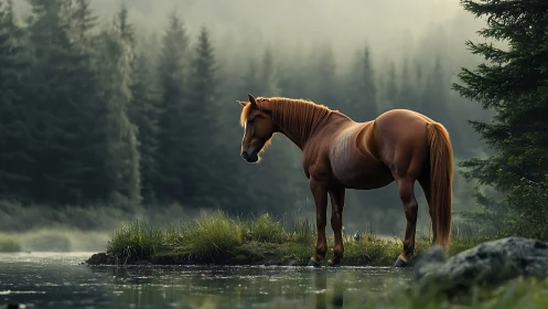 Chestnut horse pausing by a misty forest riverside.