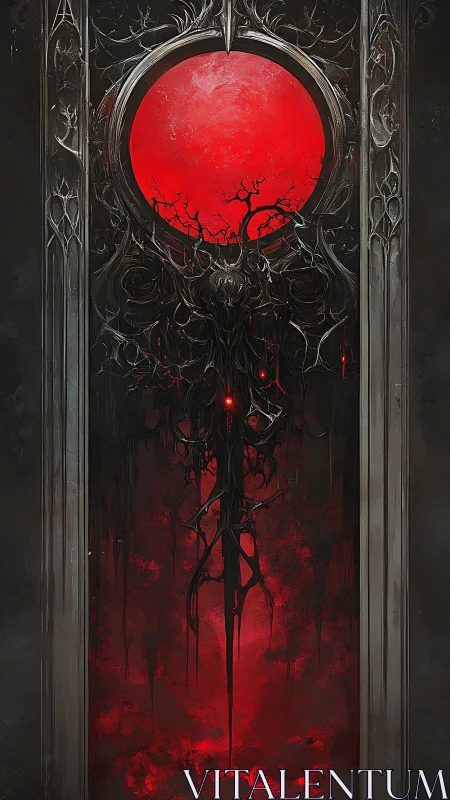 Blood-red eclipse over occult spiked gate portal.