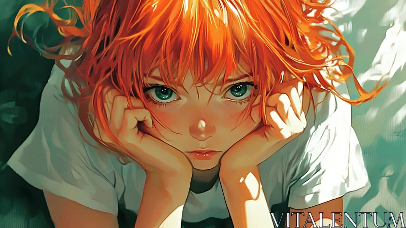 Intense green-eyed gaze under tousled orange hair portrait.