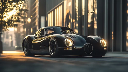 Retro-styled black sports coupe rendered in cinematic 3D lighting.