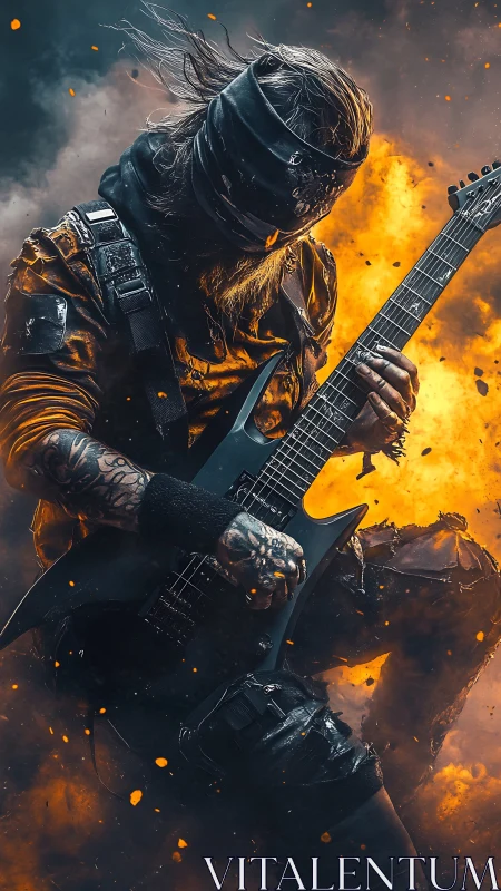 Blindfolded firestorm guitarist shredding through chaos.