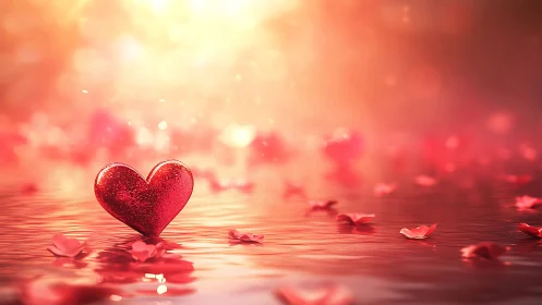 Glittering Red Heart on Mirrored Surface with Bokeh Backdrop.