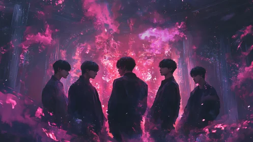 Silhouetted figures encircled by luminous magenta nebula portal