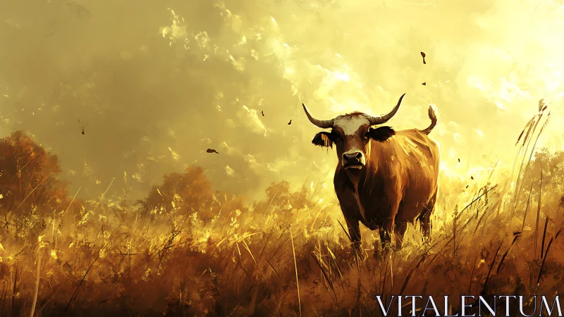 Sun-drenched lone bull wandering through liquid-gold prairie.