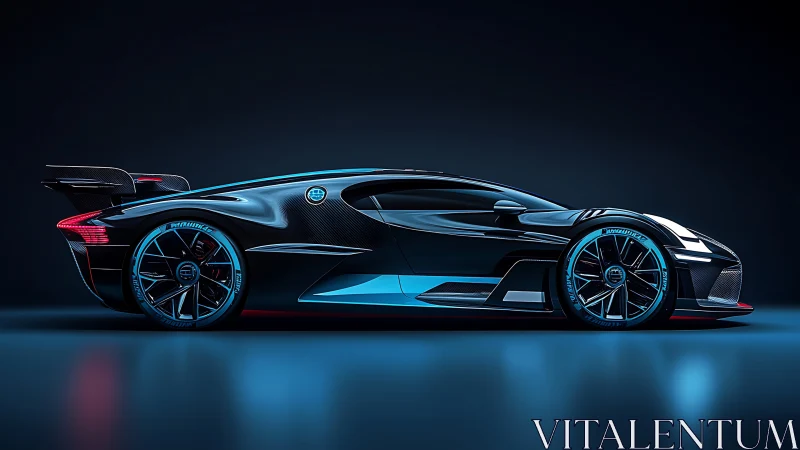 Hypercar side profile isolates carbon fiber body in neon rimlight