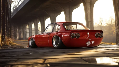 Low-slung red classic under sunlit concrete arches at dusk.