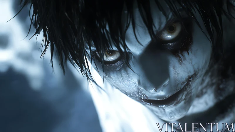 Close-up of pale, distressed face with smeared dark makeup.