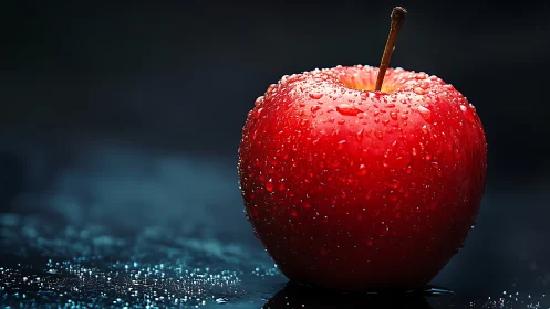 Red apple with water droplets on dark reflective surface.