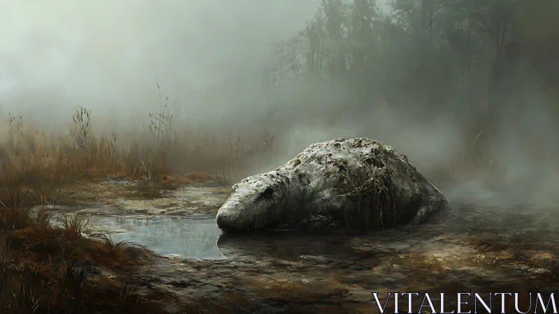 Decaying creature lies forgotten in a silent misty swamp.