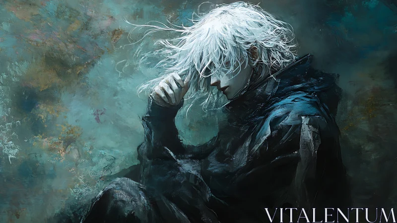 White-haired figure broods in teal storm of tangled brushstrokes.