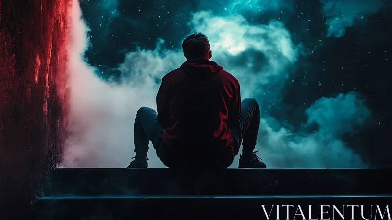 Solitary figure contemplates luminous nebula through stairwell