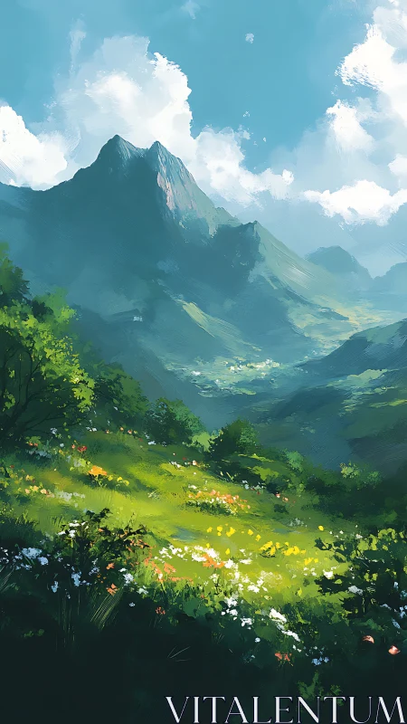 Sunlit alpine meadow below towering emerald mountains.