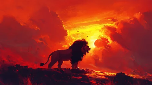 Lion sillhouette against blazing red sunset sky.