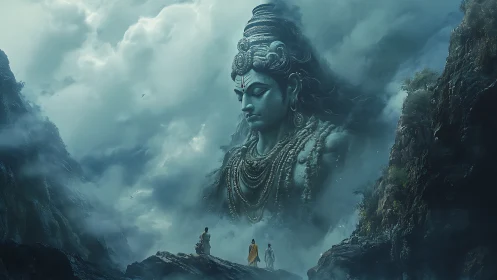 Colossal stone figure emerges from mist between steep cliffs