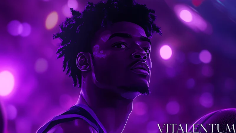 Neon-lit basketball portrait under electric arena glow.