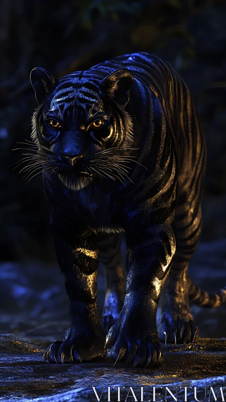Digitally rendered black tiger in low key nocturnal lighting.