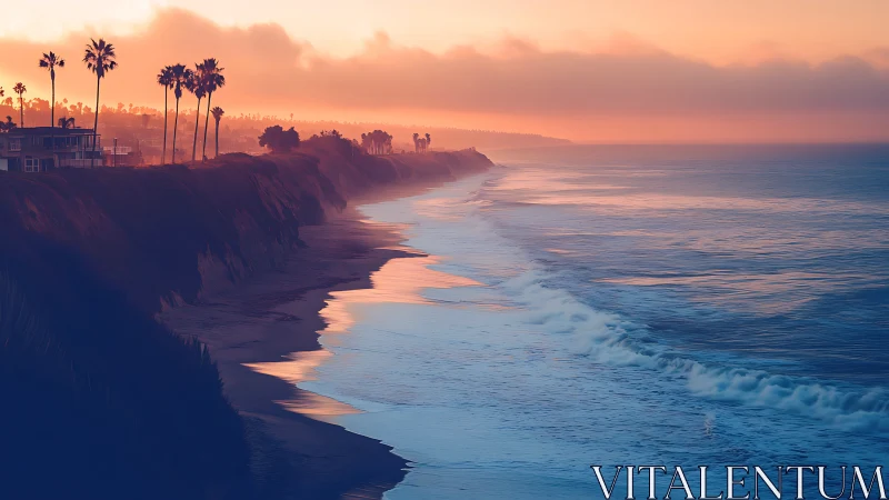 Sunset coastline with surf, cliffs and palm tree silhouettes.